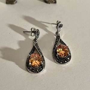 Vintage Oval Tourmaline Gemstone Marcasite Sterling Silver Earrings